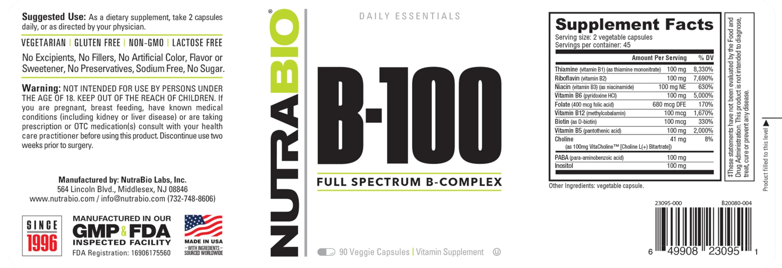 NutraBio B-100, B Vitamin Complex, Immune System Support, Healthy Hair, Skin, Nails, 90 Vegetable Capsules - Image 7