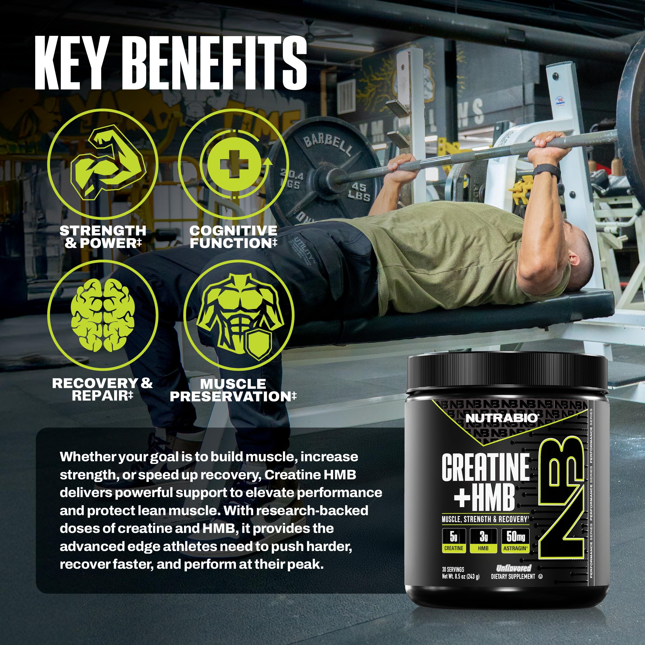 NutraBio Creatine + HMB- Creatine Monohydrate with HMB Powder for Muscle Growth, Increased Strength- 30 Servings (Unflavored) - Image 3