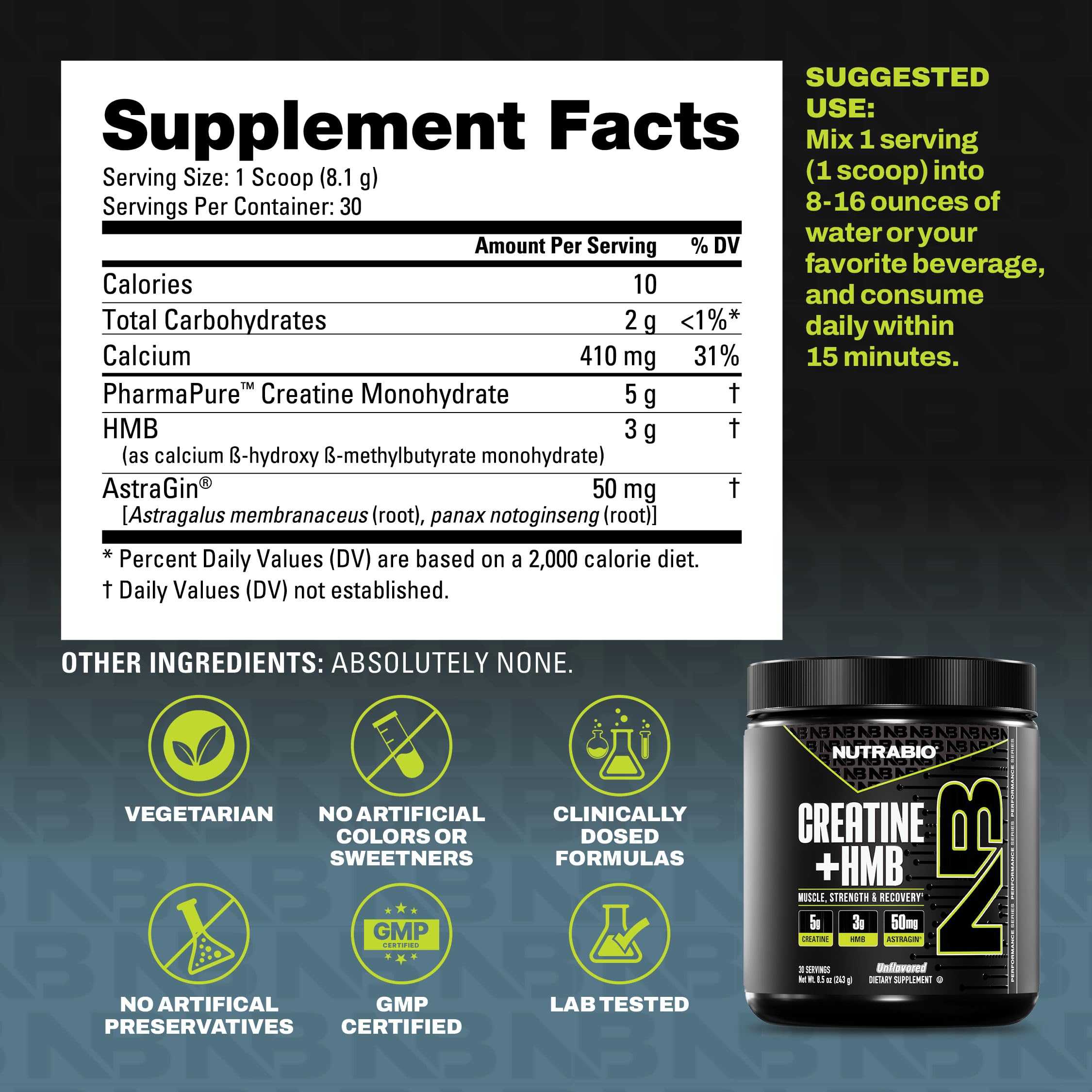 NutraBio Creatine + HMB- Creatine Monohydrate with HMB Powder for Muscle Growth, Increased Strength- 30 Servings (Unflavored) - Image 6