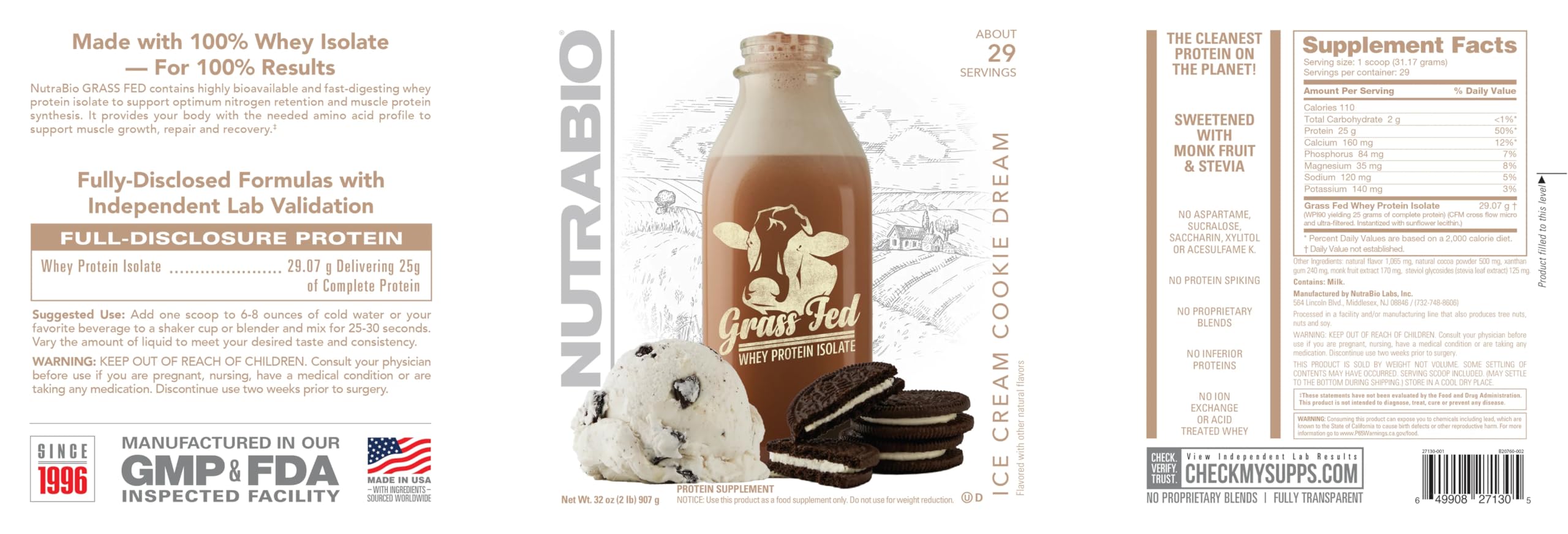 NutraBio Grass Fed Whey Isolate Protein Powder - 25G of Protein per Scoop - Sugar Free Natural Lean Muscle Supplement - Ice Cream Cookie Dream - 2 Pounds, 29 Servings - Image 3
