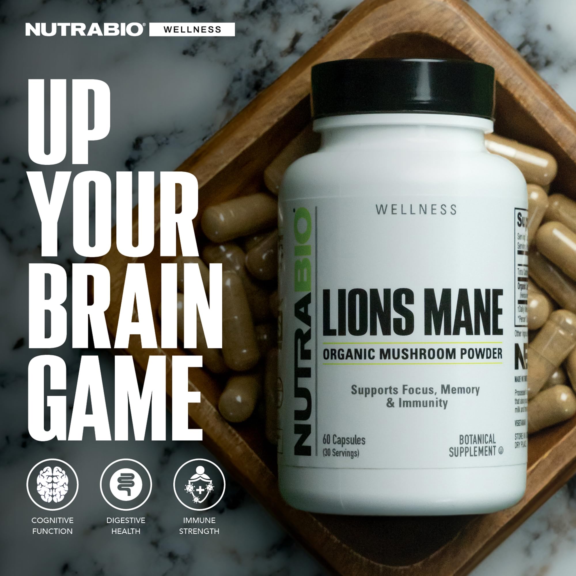 NutraBio Organic Lion's Mane Mushroom Supplement Capsules - 500mg Powder - Focus, Memory, Immunity Support - 60 Vegetable Capsules - Image 4